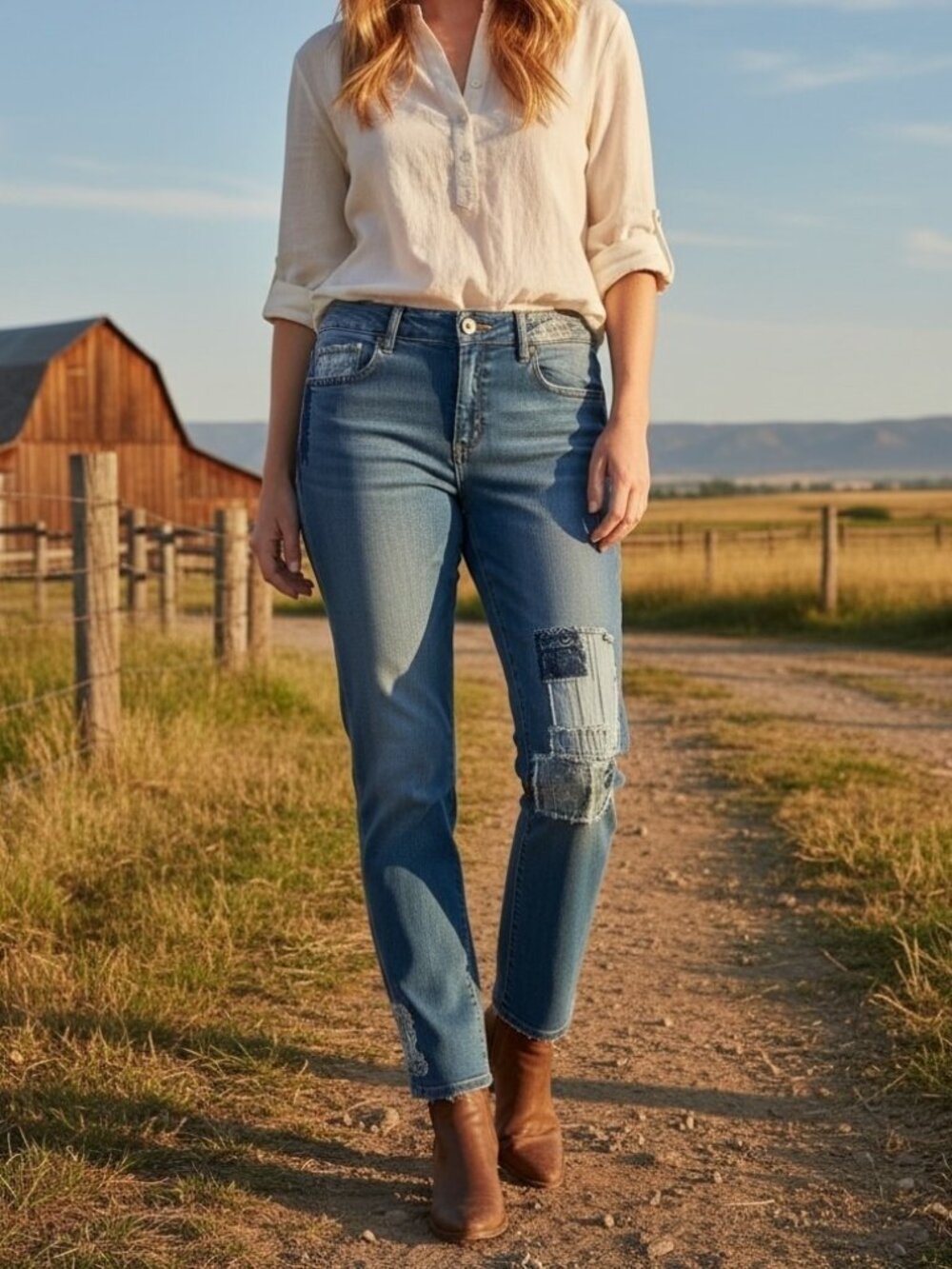 Sundance Magnolia Patchwork Embroidered Straight Leg Jeans Women's Size 28 Boho